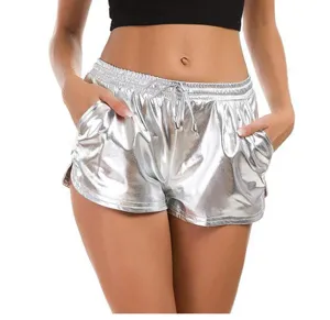 Metallic silver PU leather shorts for women with drawstring waist and practical side pockets.