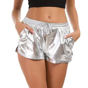 Women metallic shiny PU leather shorts casual streetwear elastic drawstring waist summer hot pants