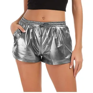 Women's metallic silver shiny PU leather casual elastic drawstring shorts main view