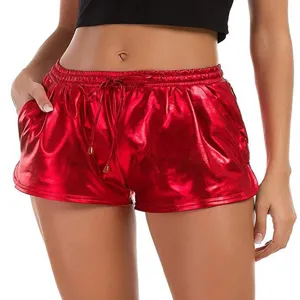 Women's Shiny Metallic Red PU Leather Shorts Drawstring Casual Summer Beach Hot Pants