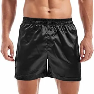 Men Silk Satin Boxer Shorts Comfortable Black Sleepwear Casual Lounge Shorts Detail View