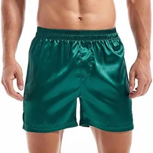 Men satin boxer shorts dark green sleepwear silk smooth casual lounge shorts summer underwear