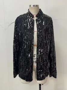 Schwarze Pailletten Blazer Detail, langarm lässige glitzernde Party Jacke für Damen neu.