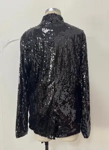 Schwarzer Pailletten Blazer für Damen Langarm Revers Freizeitjacke Glitzer Party Outfit