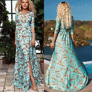 Elegantes Damen Langarm Maxi-Kleid mit Barock-Print, V-Ausschnitt und schickem Gürtel.