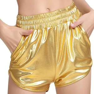 Vista detallada de pantalones cortos casuales metalizados brillantes de mujer con cintura elástica.
