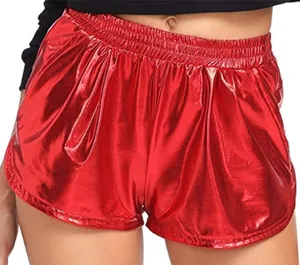Pantalones cortos de verano metálicos rojos brillantes con cintura elástica mujer.