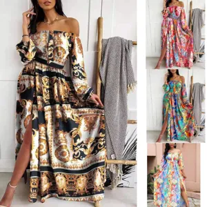 Damen Schulterfreies Langarm Barock Print Schlitz Maxikleid Elegante Partykleider Neu