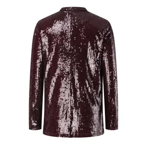 Damen Burgunderrot Pailletten Blazer Lange Ärmel Revers Freizeit Jacke Oberteile