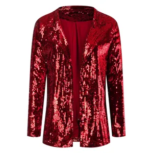Roter Pailletten Blazer Detail, langarm offene Front Revers Jacke glitzernde Partykleidung.