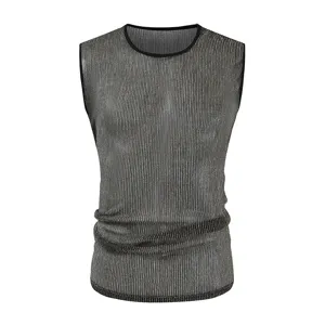 Camiseta sin Mangas Casual Brillante Plisada para Hombre Color Sólido Holgada Sin Mangas Cuello Redondo Chaleco Deportivo de Verano