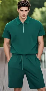 Vista dettaglio polo verde e pantaloncini, set estivo casual da uomo con colletto con zip.