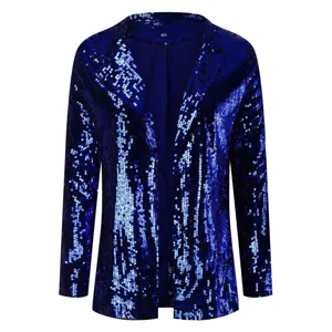 Nahaufnahme eines königsblauen Pailletten-Blazers für Damen mit schickem Revers und offenem Design.