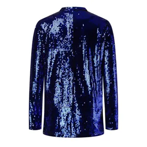 Rückansicht einer atemberaubenden königsblauen Pailletten-Blazerjacke mit Revers und langen Ärmeln.