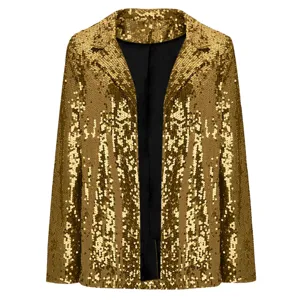 Damen goldener Pailletten Blazer Jacke Langarm offen Revers Freizeit Oberbekleidung Detail