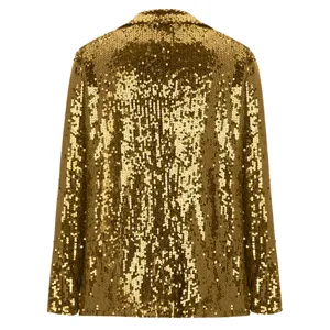 Detailansicht der Rückseite einer glamourösen goldenen Pailletten Blazer Jacke mit Glitzereffekt.