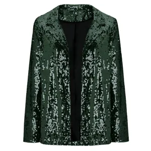 Details der dunkelgrünen Damen Pailletten Blazer mit offener Vorderseite und langen Ärmeln.