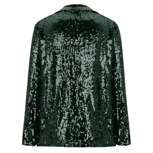 Detailansicht des dunkelgrünen Pailletten Blazers, langärmelige Revers Cardigan Jacke.