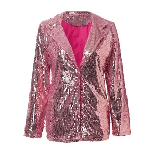 Rosa Pailletten Blazer Jacke für Damen, eleganter Langarm Revers Cardigan für Partys.