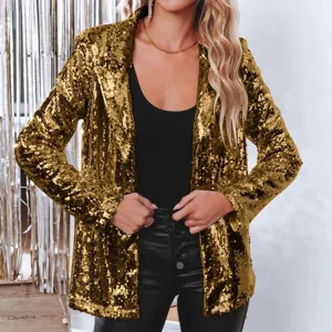 Damen Casual Langarm Revers Pailletten Blazer Offene Vorderseite Glitzer Party Jacke