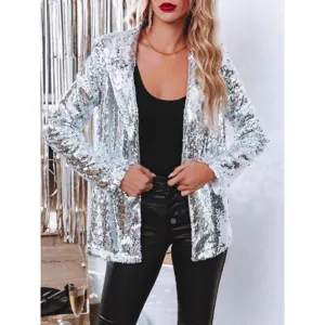 Damen Pailletten Blazer Langarm Revers Offene Front Glitzer Jacke fur Party Clubbekleidung