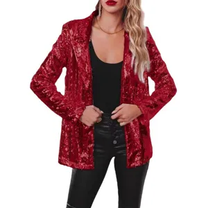 Damen rote Pailletten Blazer Jacke langarm Revers offene Front glitzernde Anzug Oberbekleidung