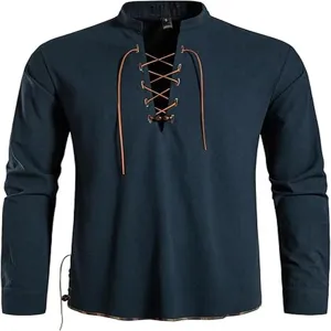 Men's Long Sleeve Henley Shirt Stand Collar Casual Cotton Beach Hippie Tunic Topwear