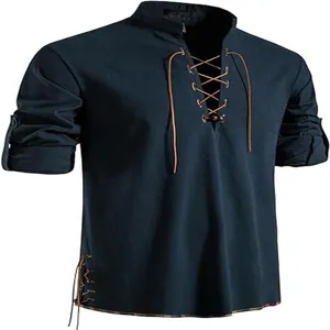 Detailed view of dark blue men's casual long sleeve henly shirt with lace-up neckline.