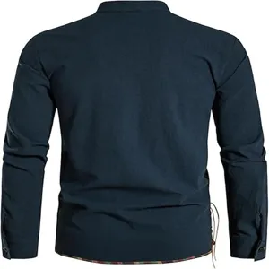 Men's casual long sleeve stand collar shirt back view detail showing hem and side ties