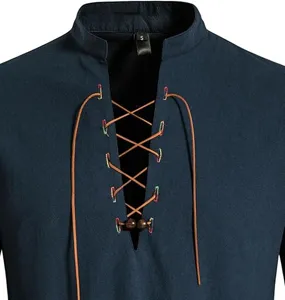 Men's retro lace-up long sleeve stand collar casual beach hippie shirt size S