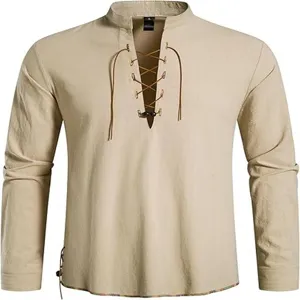 Men long sleeve hippie casual shirt with lace up collar, detailed view of product features.