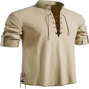 Close-up details of men's casual linen lace-up collar shirt sleeve texture and buttons.