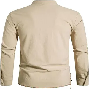 Men's long sleeve mandarin collar casual beach shirt detail view, breathable fabric.