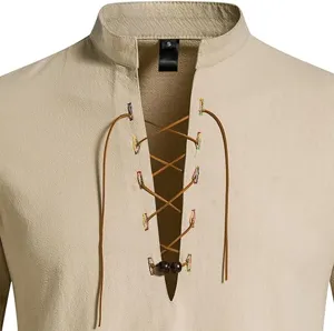 Close-up detail of mens casual linen lace up shirt collar, mandarin neck with wooden beads.