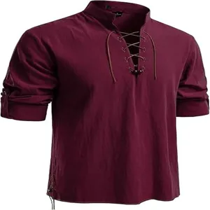 Close-up detail of the burgundy men's lace-up stand collar long sleeve casual shirt.