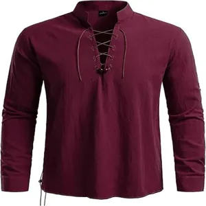 Burgundy men's long sleeve lace-up stand collar shirt detail view and fabric texture.