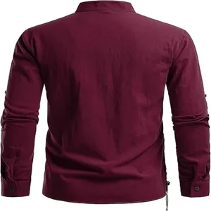 Men's long sleeve burgundy stand collar casual linen shirt back view product detail.