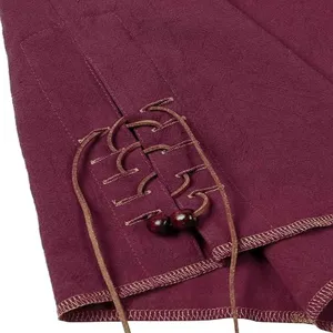 Men's retro linen shirt detail featuring long sleeves, decorative lacing cords, and wooden beads.