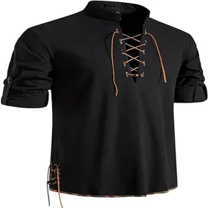 Mens medieval retro lace up stand collar long sleeve casual hippie beach black shirt