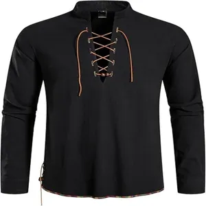 Men's long sleeve stand collar hippie shirt with lace-up front casual beach vintage top.