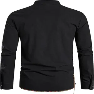 Back detail of men's casual long sleeve mandarin collar shirt with side lacing and hem trim.