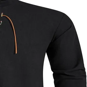 Men's casual long sleeve stand collar solid color shirt detail view stylish top black