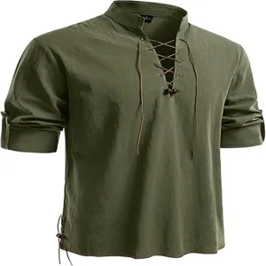 Detailed close-up view of men's casual linen lace-up collar long sleeve shirt design.