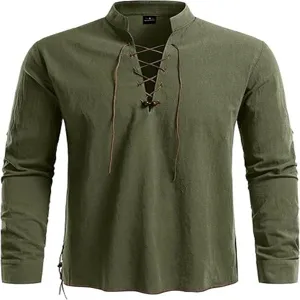 Men's long sleeve military green casual linen henley shirt detail view, vintage lace up collar.
