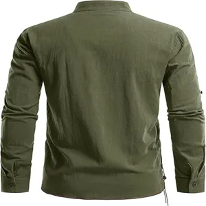 Men's long-sleeve casual shirt in army green, featuring a stand collar and comfortable fit for daily wear.