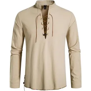Men's Medieval Renaissance Pirate Costume Shirt Retro Hippie Stand Collar Lace Up V Neck Long Sleeve Ethnic Casual Top