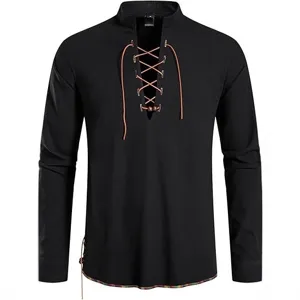 Men casual long sleeve stand collar lace up shirt solid color retro beach top apparel