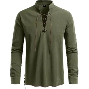 Men vintage long sleeve lace up shirt casual solid color stand collar beach top for men.