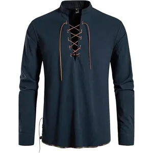 Men Long Sleeve Henley Shirt Stand Collar Casual Beach Hippie Lace-Up Pullover Top