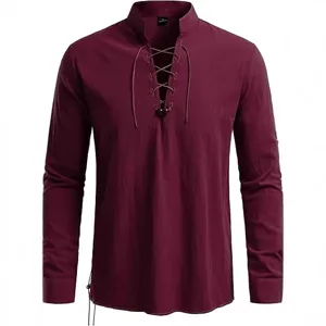 Men's Long Sleeve Henley Shirt Stand Collar Casual Retro Viking Style Shirt Top